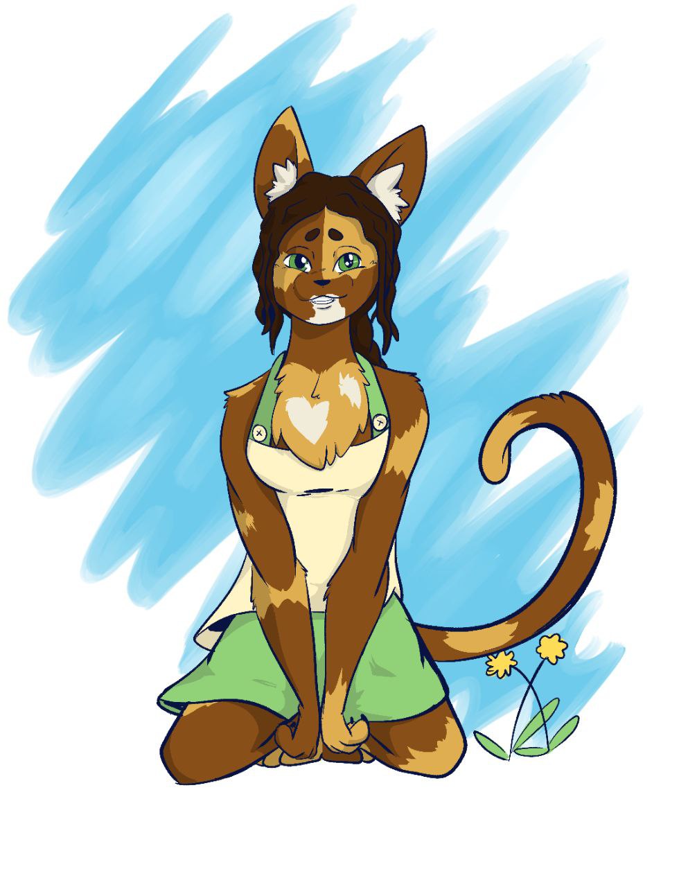 a tortoise shell cat fursona wearing a green and white dress